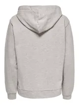 Sudadera gris melange con capucha y cordones ajustables.