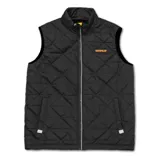 Chaleco acolchado negro con cierre frontal, cuello alto y logo de Caterpillar bordado en el pecho.