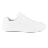 Championes negros de cuero sintético con suela blanca y cordones negros. Diseño casual y deportivo.