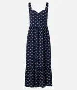 Vestido midi evasé sin mangas, confeccionado en tejido airflow con estampado de caracolas. Presenta escote corazón, breteles medianos con elásticos, recortes fruncidos en la cintura y en el bajo, y cierre lateral con cremallera invisible.