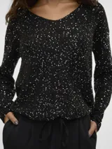 Sweater de punto negro con escote en V, mangas largas y lentejuelas plateadas.