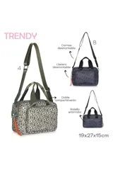 Bandolera negra con estampado de letras en gris, correa larga regulable y doble asa de mano.