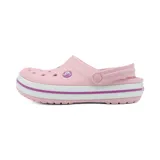 Zueco Crocs Crocband color rosa claro con plataforma blanca y detalles en violeta.
