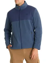 Campera polar RKF modelo Dover, de poliéster reciclado, color azul con canesú de tela canvas de algodón. Tiene cuello alto, cierre completo, dos bolsillos frontales con cierre y forro de jersey.