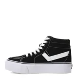 Bota de lona de caña alta, color negro, con cordones blancos y suela de plataforma gruesa blanca. Presenta el logo de Pony en forma de 'V' blanca en el lateral.