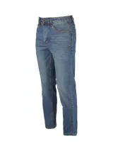 Pantalón de jean de corte recto, color azul oscuro, con cinco bolsillos y logo de CAT en la parte trasera.