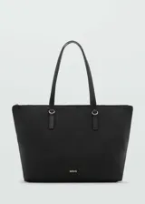 Bolso shopper negro de nylon con cierre de cremallera, doble asa corta, asa de hombro y logo MNG en dorado.
