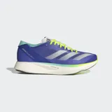 Championes de running Adidas Adizero Takumi Sen 10, color azul con detalles en blanco y amarillo. Cuentan con amortiguación Lightstrike Pro, tecnología Energyrods y suela de caucho Continental.