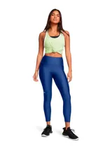 Calza de mujer Under Armour HeatGear® de tiro alto hasta el tobillo, color gris azulado, con cintura antideslizante y logo en la pierna.