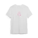 Remera color crema de algodón con estampado en la espalda de un sol, una tabla de surf y el texto "Big Waves Club" en color rosa.