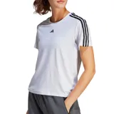 Remera Adidas Aeroready Train Essentials de mujer, color blanco con logo negro y tres tiras negras en los hombros.