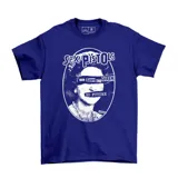 Remera azul con estampa de la banda Sex Pistols y la imagen de la Reina Isabel II con texto "God Save The Queen" y "No Future".