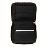 Billetera negra de cuero con logo dorado de Guess y diseño con textura.
