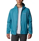 Campera impermeable Columbia Evapouration Jacket, color celeste, con capucha ajustable, cierre frontal completo, bolsillos laterales con cierre y ventilación en las axilas.