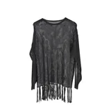 Kimono de playa tejido a crochet calado, color negro, con mangas largas y flecos en el ruedo.