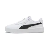 Championes Puma Carina 3.0 de cuero blanco con detalles en negro, suela de plataforma y logo dorado.