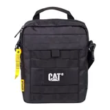 Bolso bandolera unisex color azul marino, con logo de Caterpillar en el frente y múltiples correas horizontales. Tiene correa de hombro ajustable y desmontable, bolsillo acolchado para tablet y bolsillo frontal con solapa y cierre de velcro.