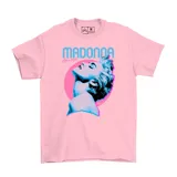Remera rosa de algodón con estampado de Madonna en azul y rosa.