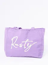 Bolso tipo tote bag azul con estampado del logo de la marca Rusty en color amarillo.