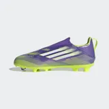 Championes de fútbol Adidas F50 League Laceless Multisuperficie, color violeta con detalles en amarillo y blanco.