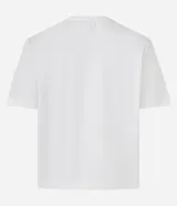 Remera blanca de manga corta con cuello redondo y un aplique frontal de lazo tridimensional hecho con tul negro fruncido.