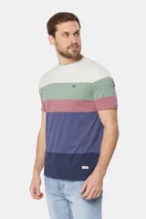 Remera de manga corta con rayas horizontales en tonos gris, verde, rosa, azul y azul marino.