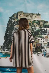 Vestido corto color crema con rayas verticales marrones, cuello mao, botones a tono y parche con logo en el frente.