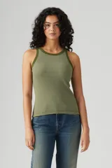 Musculosa verde oliva con rayas horizontales blancas, cuello redondo y sisas con ribete.
