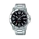 Reloj Casio analógico para hombre, modelo MTPVD01D-1BVUDF, con caja y correa de acero inoxidable color plateado, esfera negra con números arábigos y agujas luminiscentes. Resistente al agua hasta 50 metros.