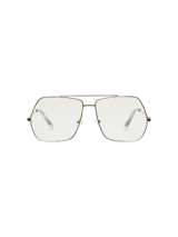 Lentes de sol con marco dorado y lentes transparentes, diseño rectangular.