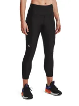 Calza capri Under Armour HeatGear negra, con cintura alta y logo reflectivo en la pierna.