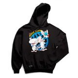 Canguro negro con capucha y bolsillo frontal. Estampado en el frente con los personajes de Pinky y Cerebro sobre un logo circular con la frase "New World Order".