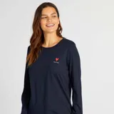 Conjunto de pijama azul de dos piezas, compuesto por una camiseta de manga larga y pantalones ajustados con estampado de lunares.