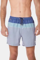 Short de baño celeste y gris a rayas verticales, de secado rápido.