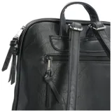 Mochila negra de ecocuero con aplique de gamuza en la parte superior. Tiene un compartimento principal con cierre de cremallera, bolsillos frontal y trasero con cierre, bolsillo interior con cierre y correas ajustables.