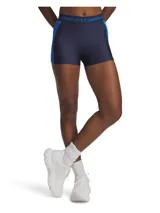 Calza corta deportiva Under Armour HeatGear Rib Shorty, de tiro alto, color azul marino con paneles laterales en azul eléctrico y cintura elástica con logo de la marca. Confeccionada en tejido transpirable y absorbente del sudor con paneles elásticos acanalados.
