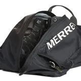 Bolso negro de nailon ripstop con logo Merrell estampado en blanco. Cuenta con un bolsillo oculto y asas de transporte.
