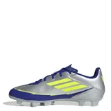 Championes de fútbol Adidas F50 Club FG Messi, diseño unisex en plateado, azul y amarillo.