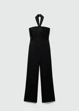 Mono largo negro de tejido fluido con cuello halter, detalle de nudo en el cuello y cierre de cremallera en la espalda.