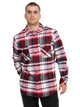 Camisa de manga larga con estampado a cuadros en tonos rojo, blanco, azul y gris. Tiene dos bolsillos en el pecho con cierre de botón, puños ajustables con botón y un paño de microfibra oculto en el dobladillo delantero.