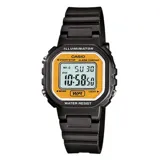 Reloj digital Casio LA20WH-9ADF con caja de resina negra y esfera dorada. Cuenta con cronómetro, alarma, calendario automático y resistencia al agua.