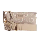Bandolera Guess Pearlman color marrón con estampado del logo de la marca en blanco.