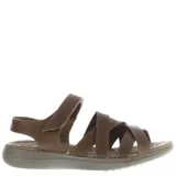 Sandalia de cuero marrón con múltiples tiras y ajuste con velcro.