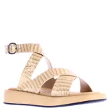 Sandalias bajas color beige con textura simil croco, tiras cruzadas y pulsera con hebilla.