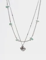 Cadena corta plateada de doble eslabón con dije de ojo turco y corazón, y colgantes de piedra aventurina.