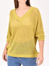 Buzo de tejido de punto calado color negro, con escote en V y mangas 3/4.