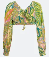 Blusa cropped de viscosa con estampado tropical de follaje, escote en V con lazo, mangas largas con elástico y bajo ajustable.