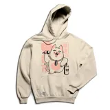 Canguro color crema con capucha y bolsillo delantero. Estampa en el frente de un gato de la suerte japonés (Maneki Neko) con detalles en rosa y negro.