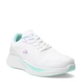 Championes blancos con detalles en lila y celeste, con cordones y suela blanca.