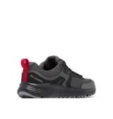 Zapatillas de senderismo Columbia Konos Low para hombre, color gris oscuro con detalles en negro y cordones rojos. Capellada de malla resistente al agua y suela de caucho de alta tracción Omni-Grip.